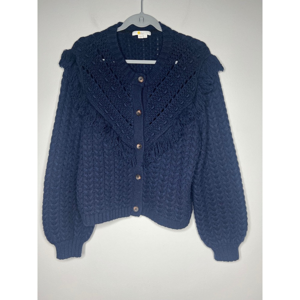 Boden Navy Blue Fringe Cable Knit Cardigan Sweater Wool Blend Women's L Cabin